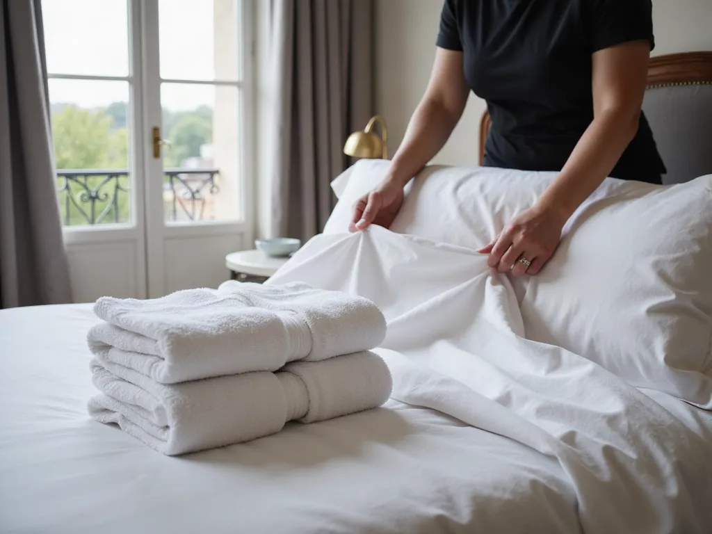 Lit fait de draps blancs, serviettes pliées au pied, dans une chambre baignée de lumière.