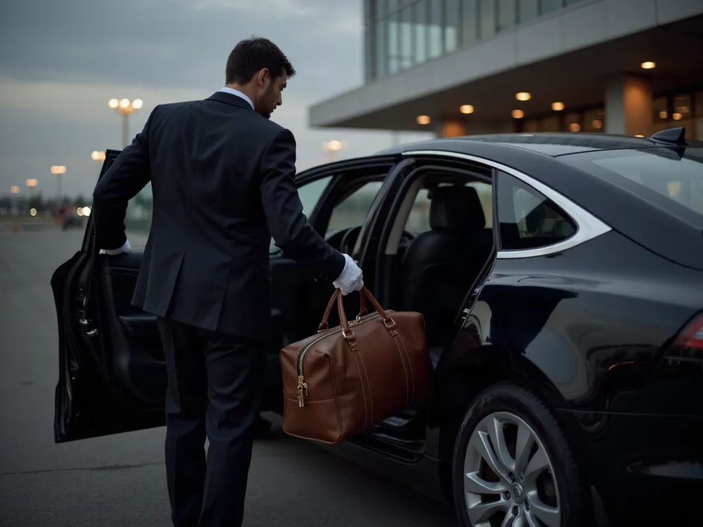 Chauffeur en costume déposant un bagage dans une berline noire, devant un terminal d'aéroport.