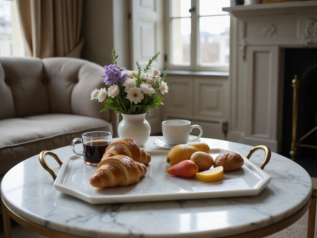 Plateau de petit déjeuner et bouquet de fleurs sur une table de marbre, dans un salon lumineux.