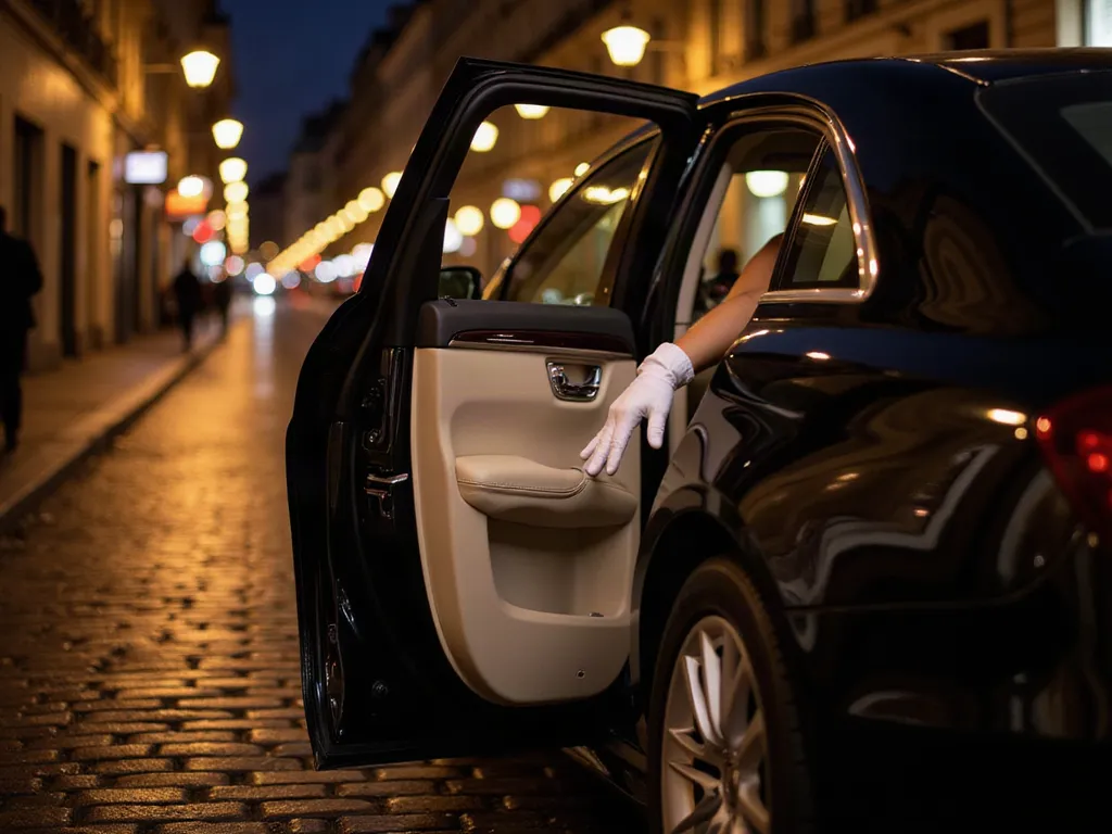 Main gantée tenant ouverte la portière d'une berline noire, sur une rue pavée de Paris la nuit.